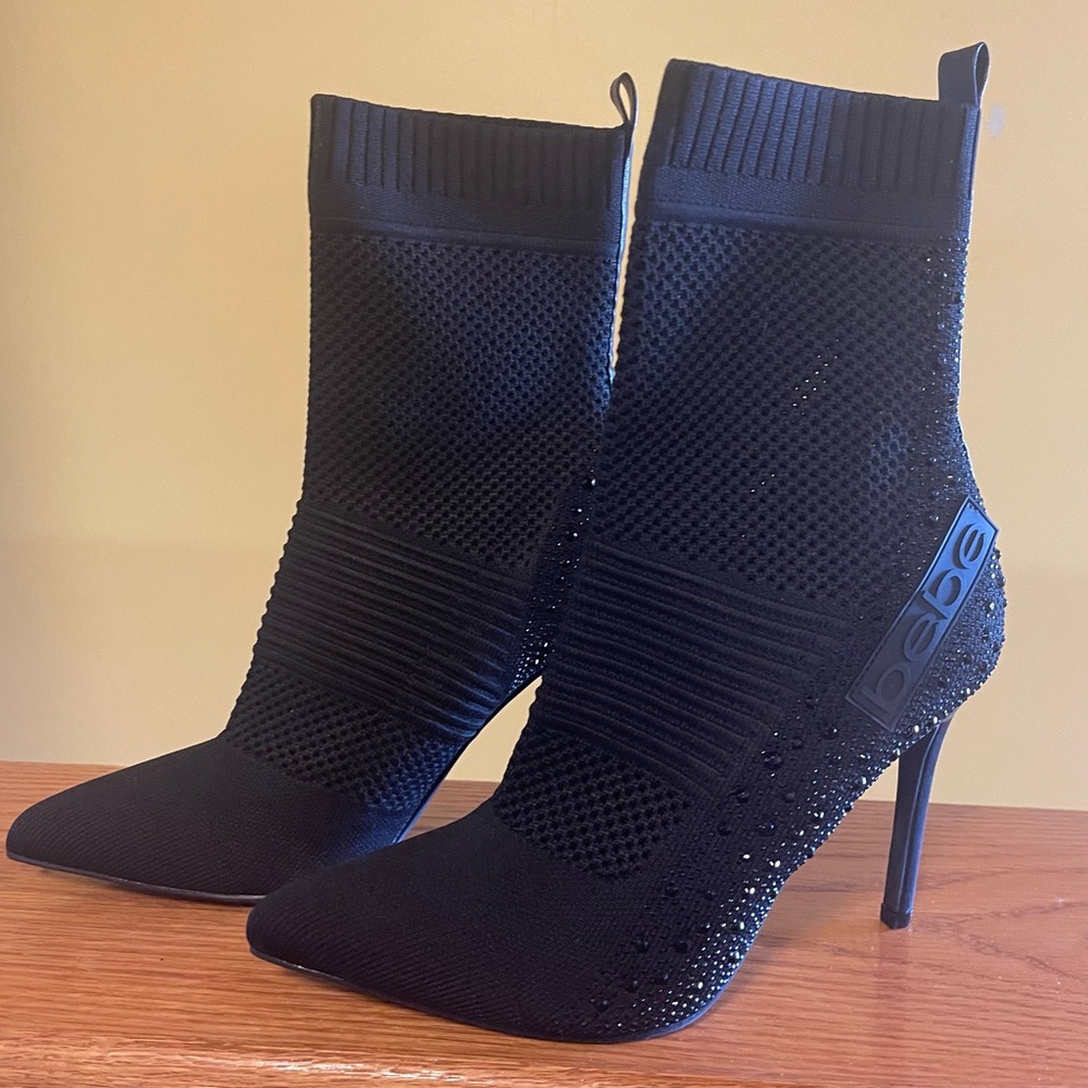 BEBE boots stiletto heels sparkly black NWOT